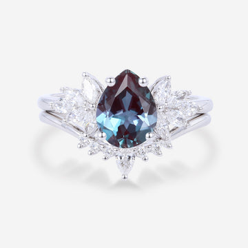 Pear cut Lab Alexandrite | Diamond Engagement Ring Bridal Set