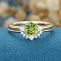 Round cut Olivine Cluster Engagement ring Bridal Set