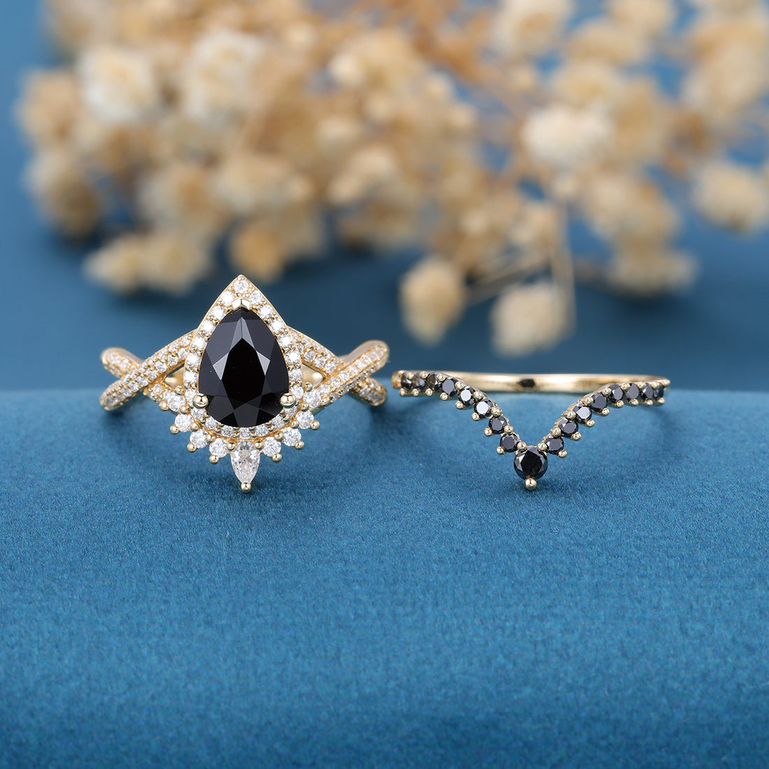 1.2Carat Pear Cut Black Onyx Ring set