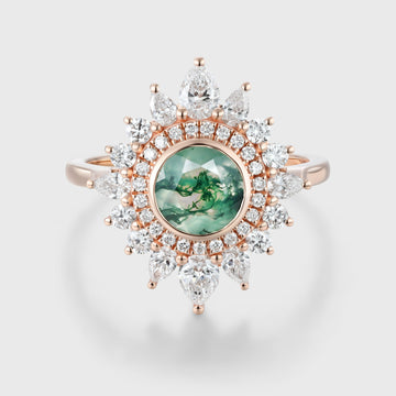 Bezel Set Round cut Halo Moss Agate Gold Engagement Ring