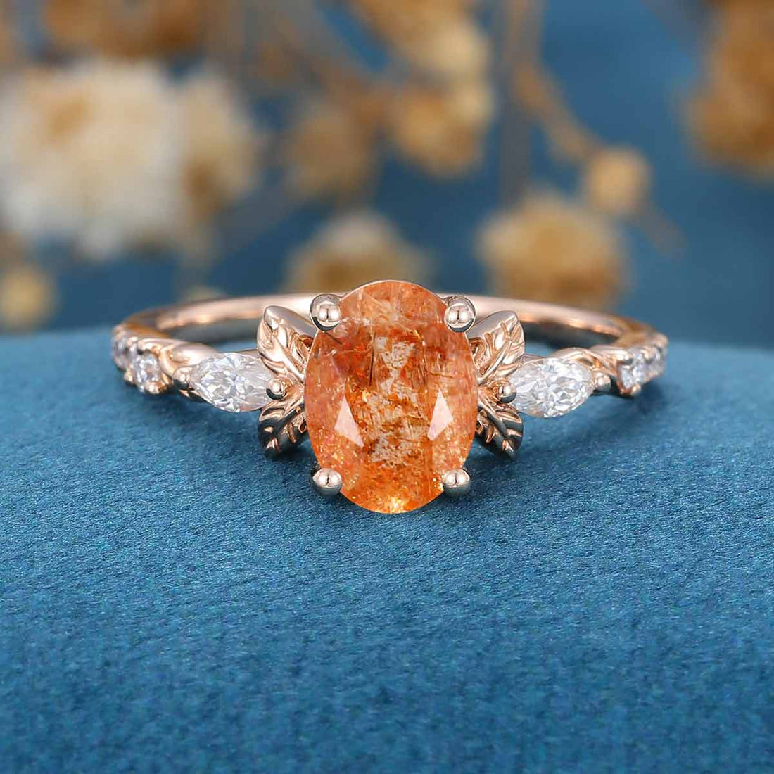 Oval cut Sunstone Cluster Engagement Ring