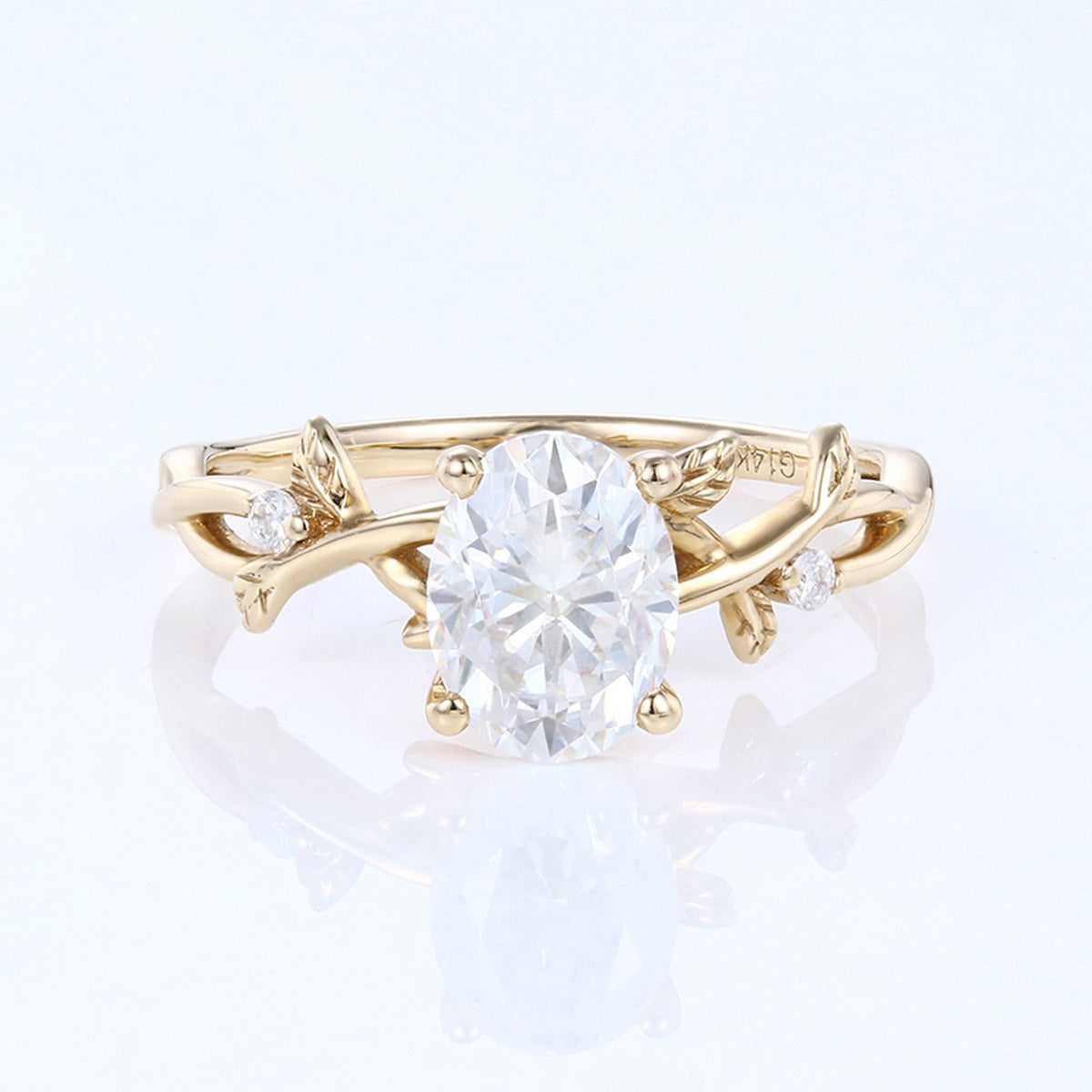 Nature Inspired Oval cut Moissanite Leaf Gold Engagement Ring