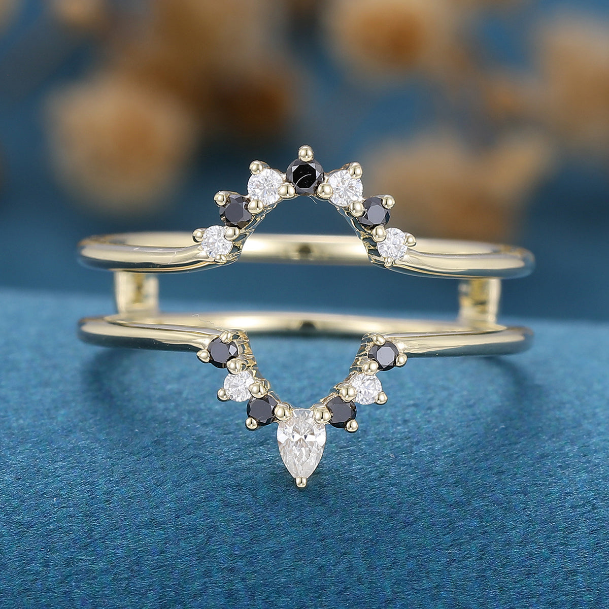 Custom Double Moissanite Black Diamond Curved Wedding Band Rings