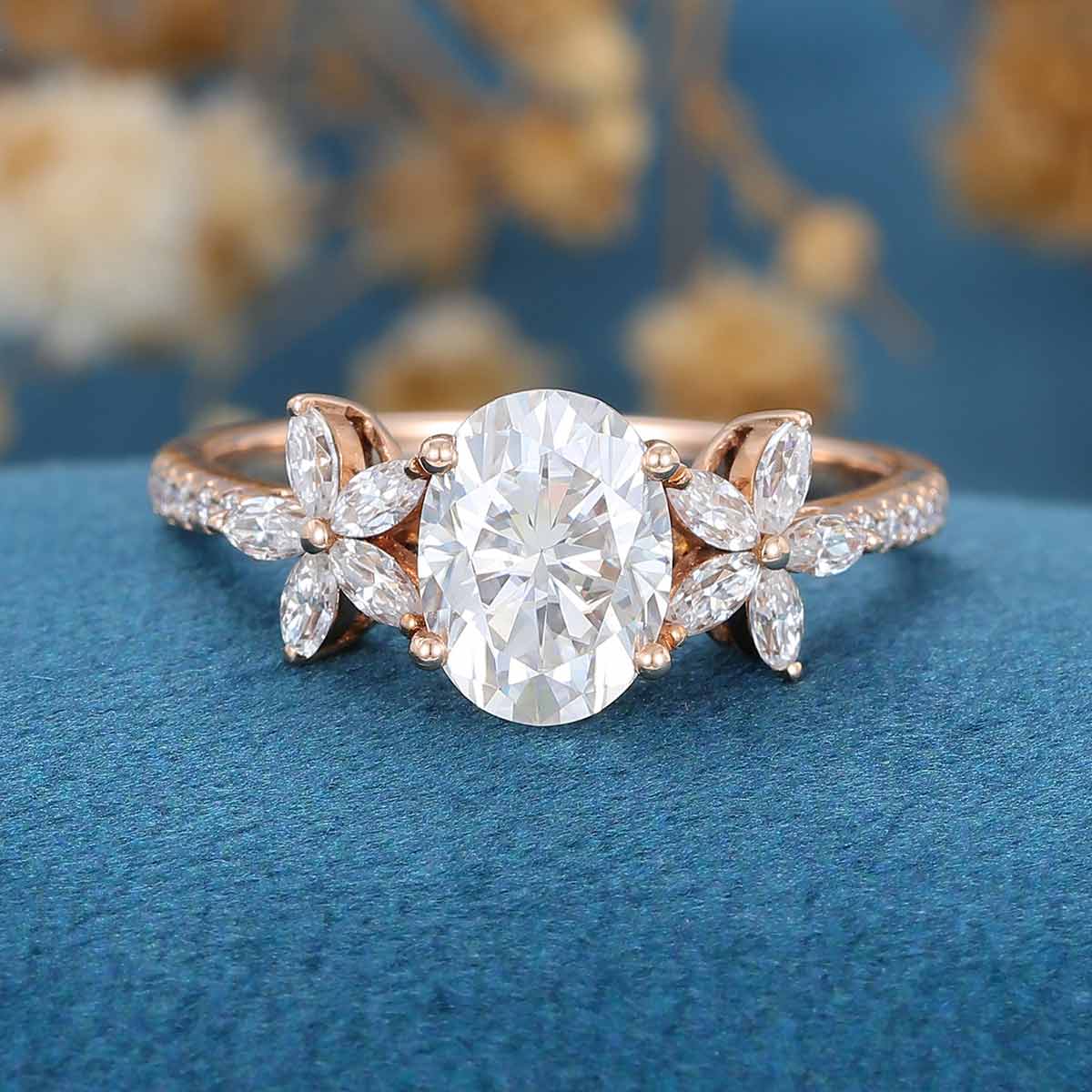 Oval cut Moissanite Cluster Engagement Ring