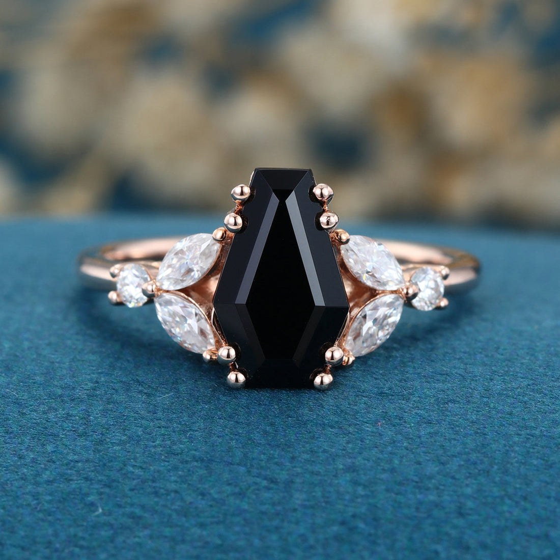Coffin cut Black Onyx Solid Gold Engagement Ring