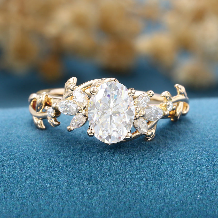 Pear cut Moissanite leaf design Gold Engagement Ring