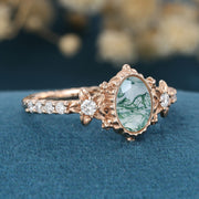 Bezel setting Oval cut Moss Agate Halo Moissanite | Diamonds Gold Engagement Ring