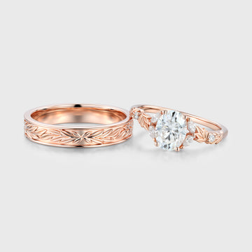 Nature Inspired Moissanite Couple Rings | D Color VVS1 | Rose Gold Leaf Wedding Bridal Set