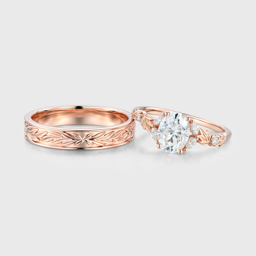 Nature Inspired Moissanite Couple Rings | D Color VVS1 | Rose Gold Leaf Wedding Bridal Set