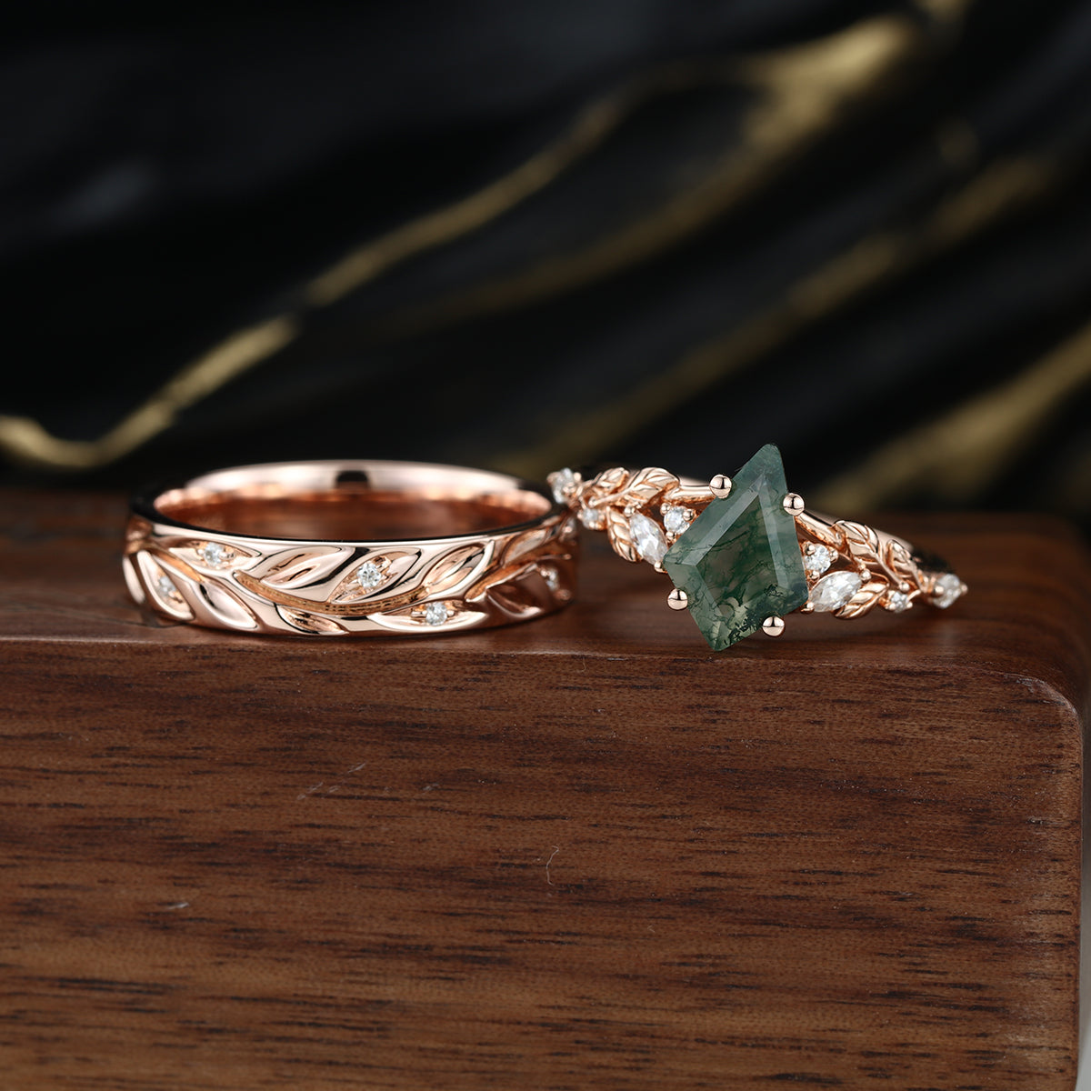 Forever Glow Moss Agate Couple Rings | Rose Gold Leaf Wedding Bridal Set