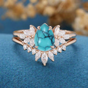 Pear cut Turquoise Cluster Engagement ring Bridal Set 