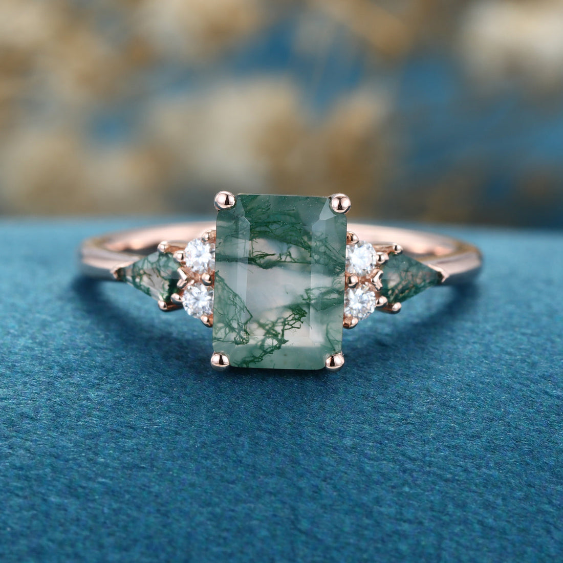 Emerald cut Moss Agate Solid Gold Engagement Ring