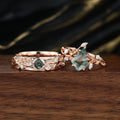 Kite Green Moss Agate & Whiskey Barrel Couples Ring Set- His and Hers Wedding Band Rose Gold Matching Promise Rings