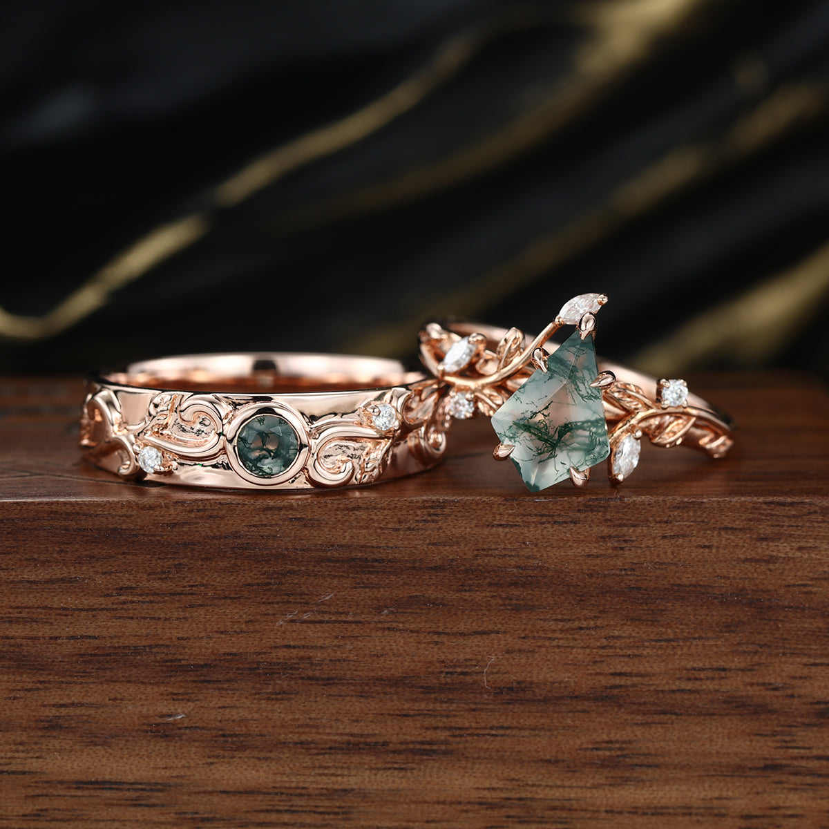 Kite Green Moss Agate & Whiskey Barrel Couples Ring Set- His and Hers Wedding Band Rose Gold Matching Promise Rings