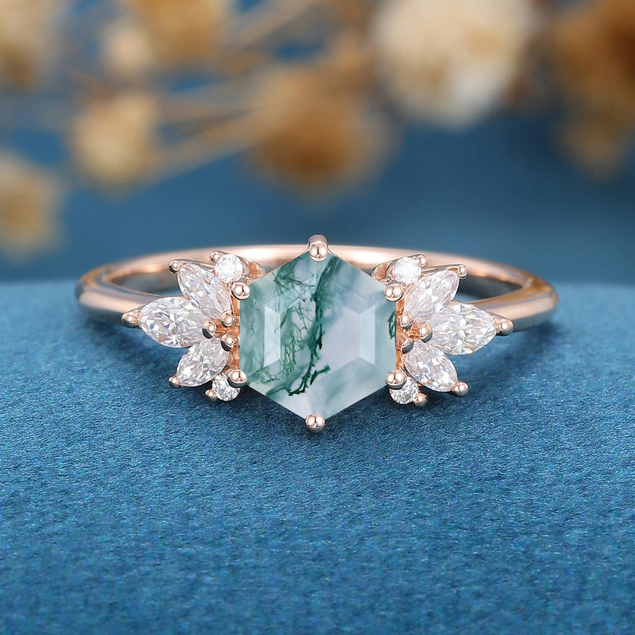 Hexagon Cut Natural Green Moss Agate Cluster Engagement Ring 