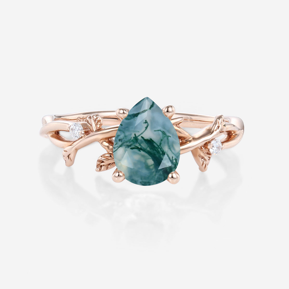 Nature Inspired Pear cut Moss Agate Leaf Gold Engagement Ring