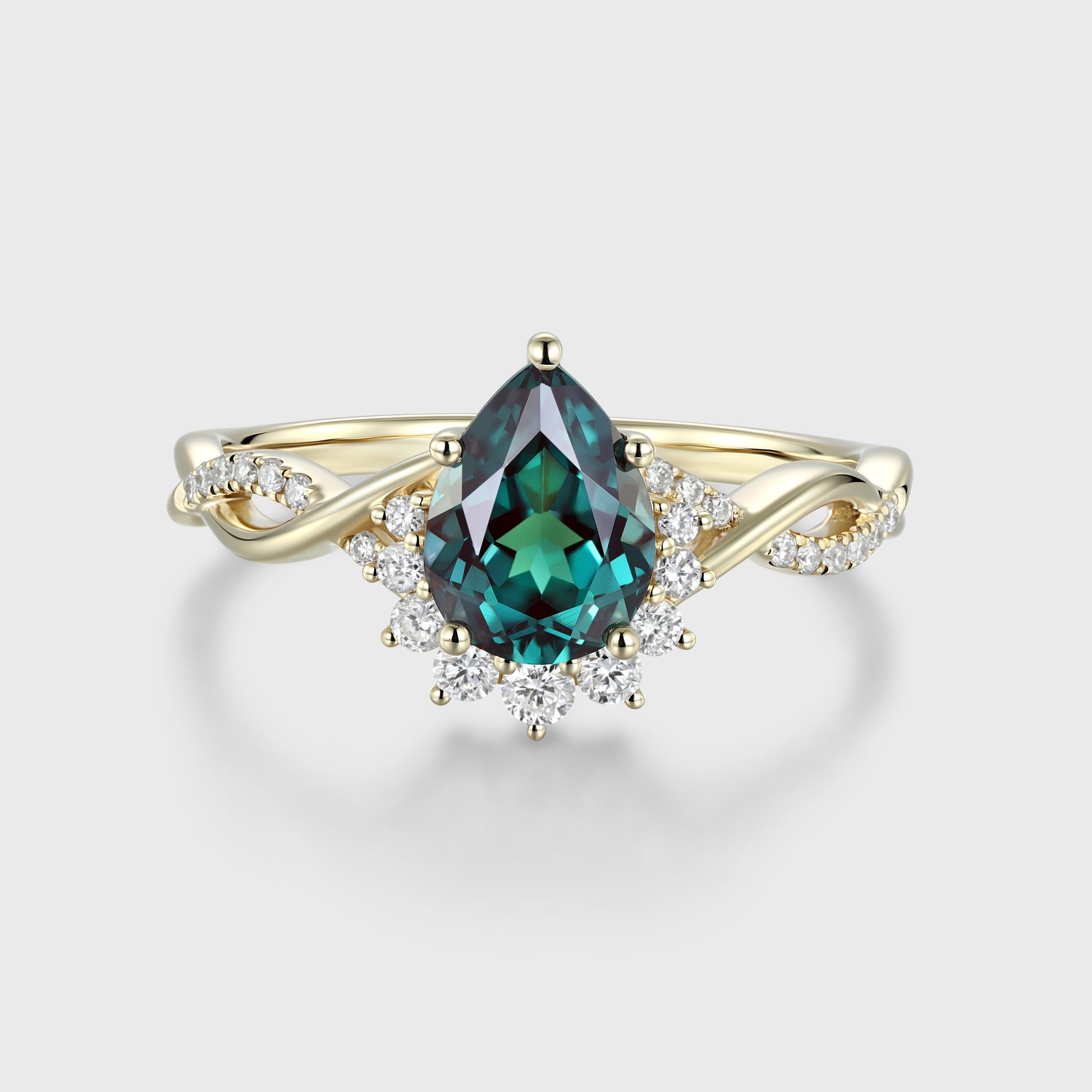 Pear cut Lab Alexandrite Solid Gold Engagement Ring