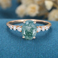 Oval Cut Natural Green Moss Agate Cluster Engagement Ring 