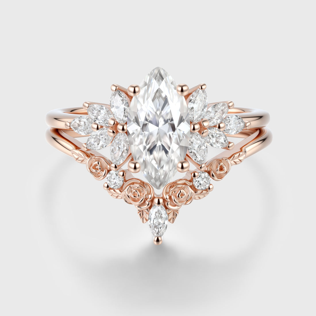 1.0Carat Marquise cut Moissanite Engagement Ring Cluster diamonds Rose Gold Wedding Bridal Set