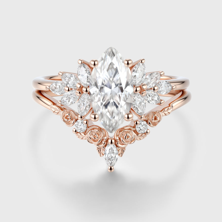 1.0Carat Marquise cut Moissanite Engagement Ring Cluster diamonds Rose Gold Wedding Bridal Set
