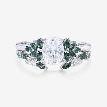 Vintage Oval cut Moissanite + Moss agate Wedding Bridal Set