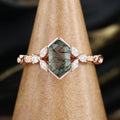 Long Hexagon cut Moss Agate Damonds Leaf Gold Engagement Ring