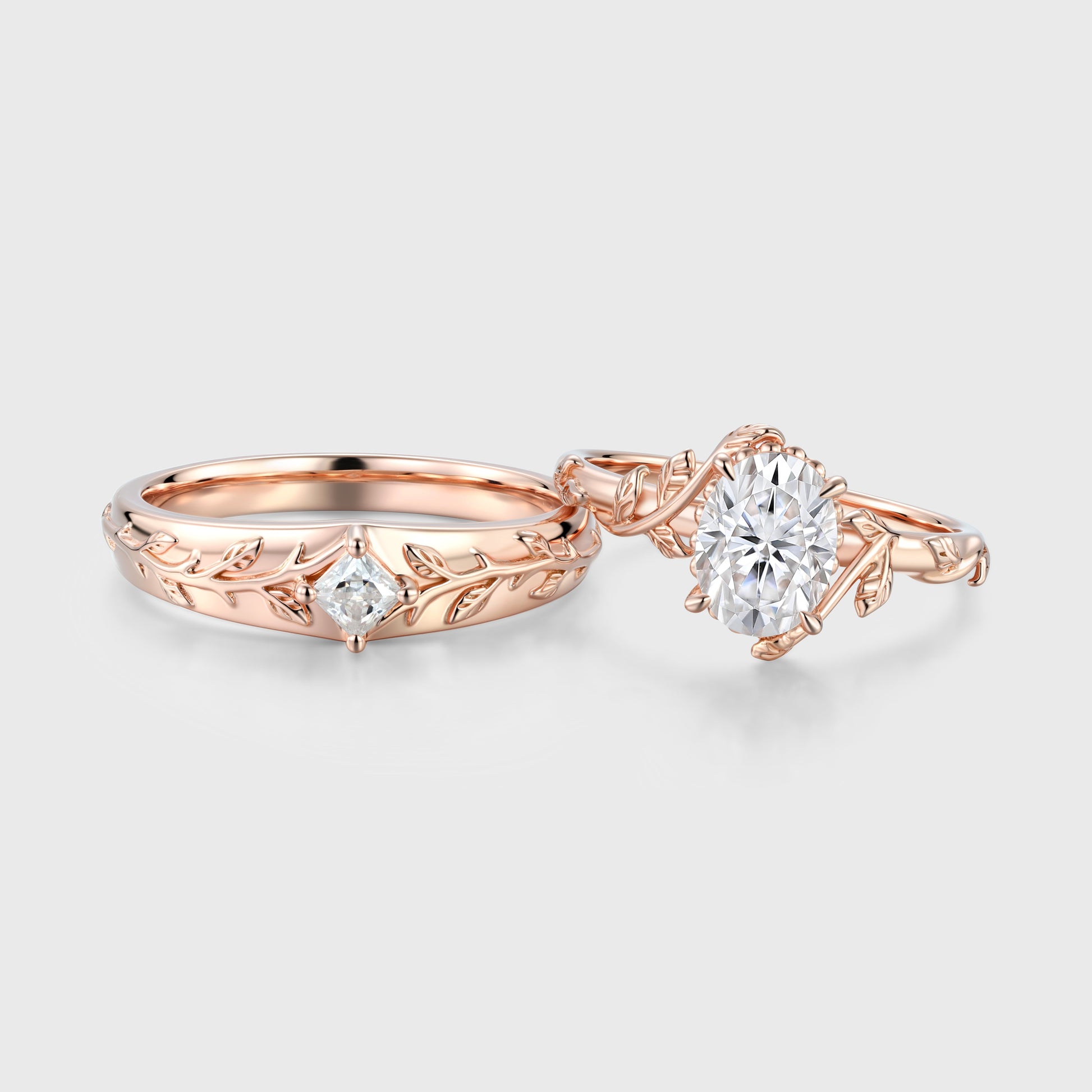 Nature Inspired Moissanite Couple Rings | D Color VVS1 | Rose Gold Leaf Wedding Bridal Set