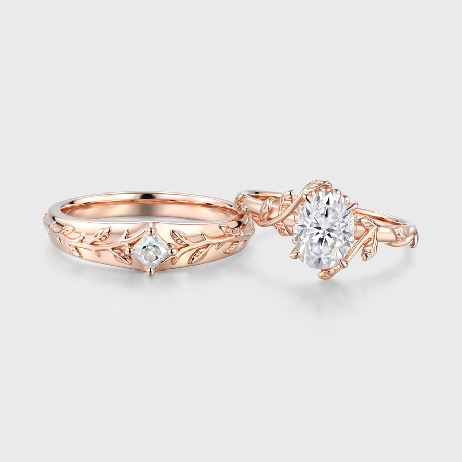 Nature Inspired Moissanite Couple Rings | D Color VVS1 | Rose Gold Leaf Wedding Bridal Set