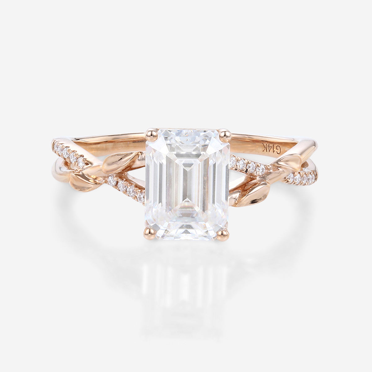 Nature Inspired Emerald cut Moissanite Leaf Gold Engagement Ring