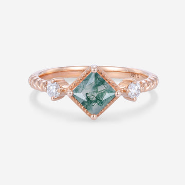 Bezel setting Princess cut Moss Agate Matching Mossanite | Diamonds Gold Engagement Ring