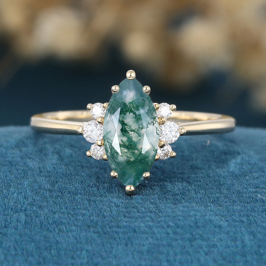 Marquise cut Moss Agate Matching Mossanite | Diamonds Gold Engagement Ring