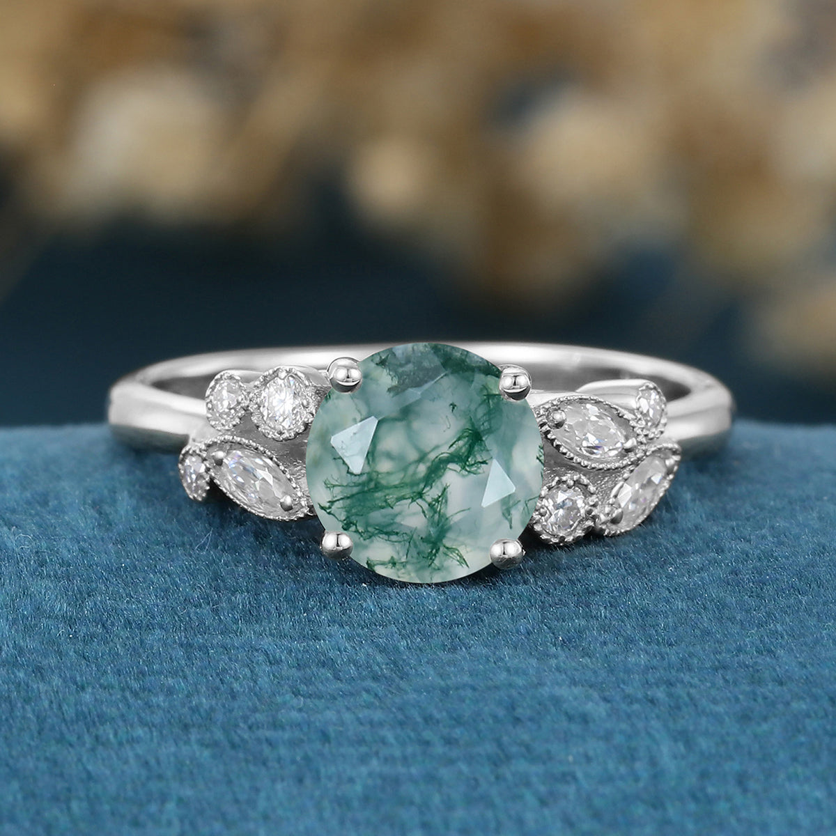 Round cut Moss Agate Matching Mossanite | Diamonds Gold Engagement Ring