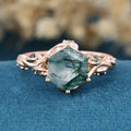 Inspired Hexagon Cut Natural Green Moss Agate  Engagement Ring