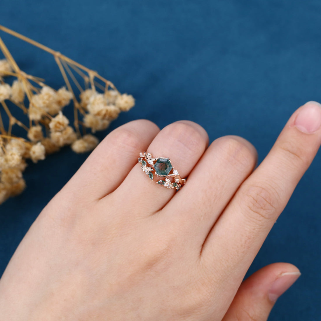 Nature Inspired Hexagon Cut Moss Agate Engagement Ring set