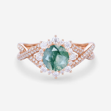 Round cut Moss Agate Matching Mossanite | Diamonds Gold Engagement Ring