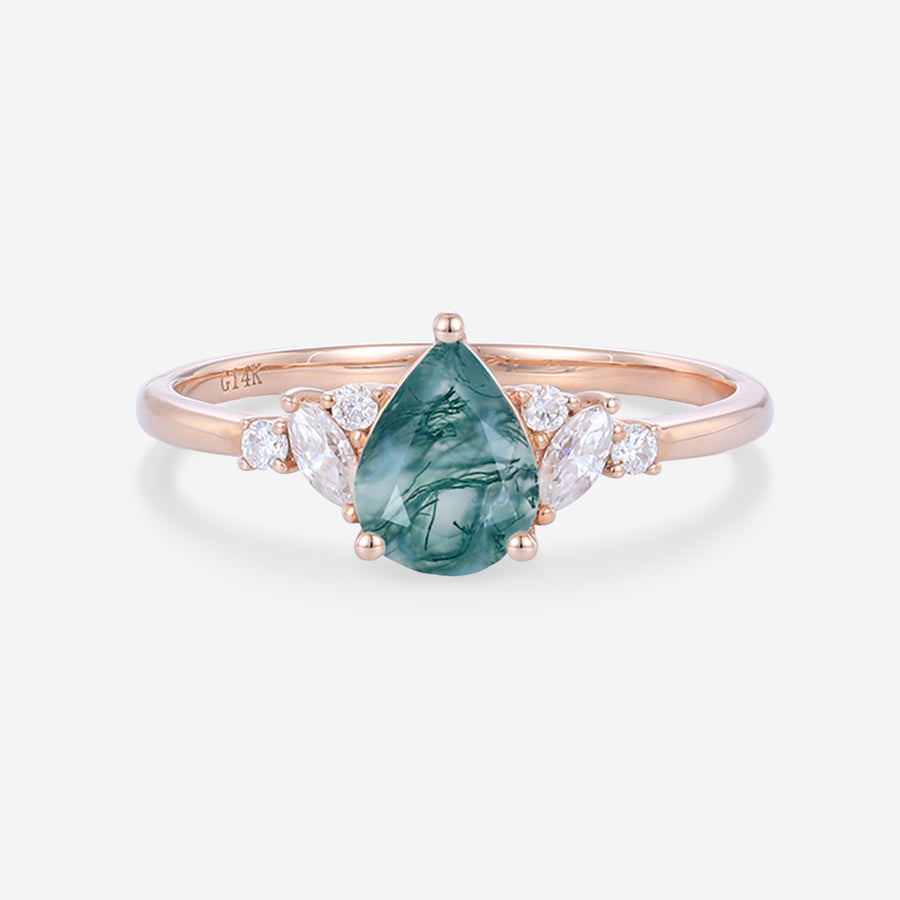 Pear cut Moss Agate Matching Mossanite | Diamonds Gold Engagement Ring