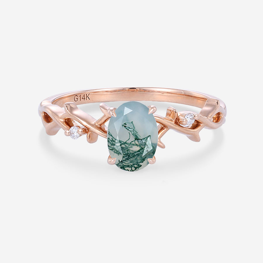 Nature Inspired Oval cut Moss Agate Matching Mossanite | Diamonds twig Gold Engagement Ring