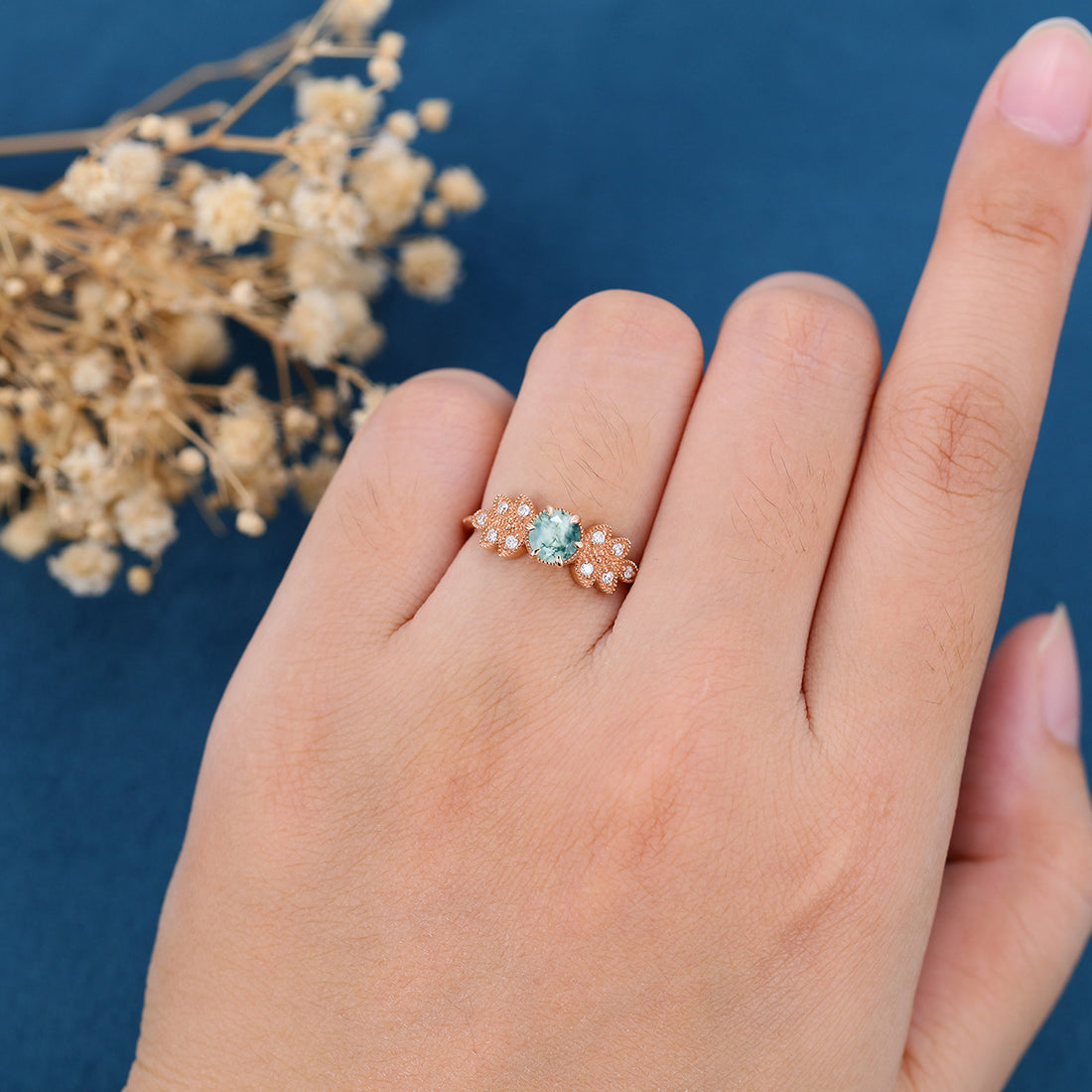 Round cut Moss Agate Matching Mossanite | Diamonds Gold Engagement Ring