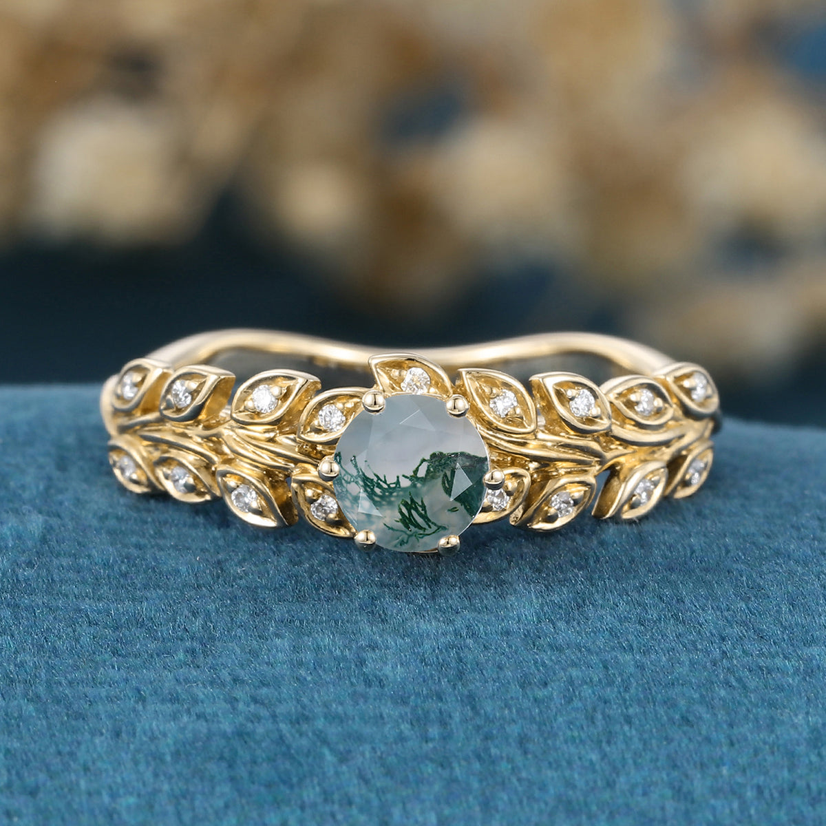 Round cut Moss Agate Matching Mossanite | Diamonds Gold Engagement Ring