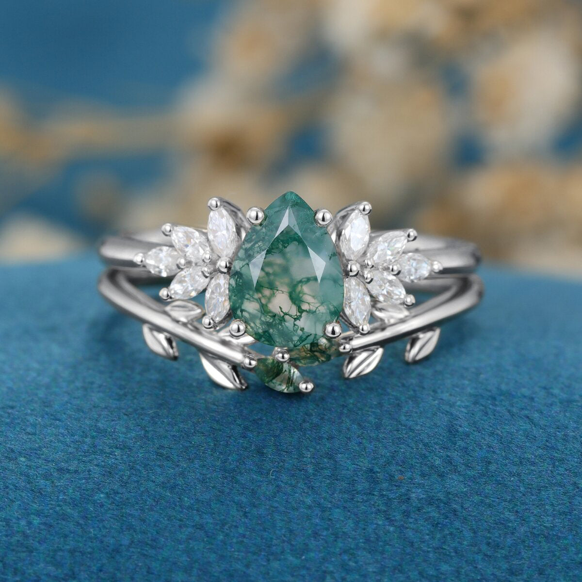 Nature Inspired Pear cut Moss Agate Leaf Gold Wedding bridal set