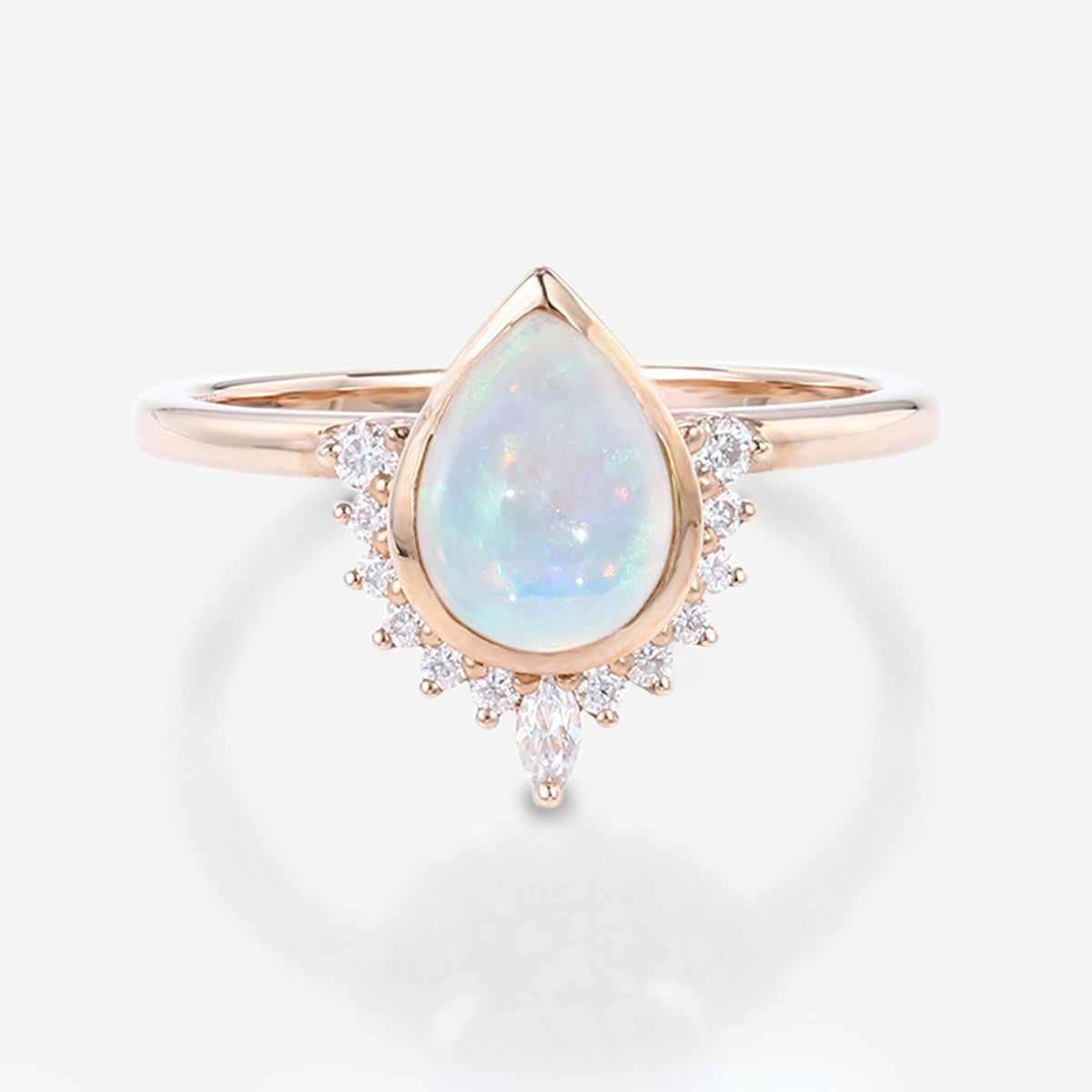 Bezel setting Pear cut Opal Halo Moissantie| Diamonds Gold Engagement Ring