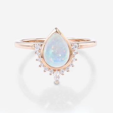 Bezel setting Pear cut Opal Halo Moissantie| Diamonds Gold Engagement Ring