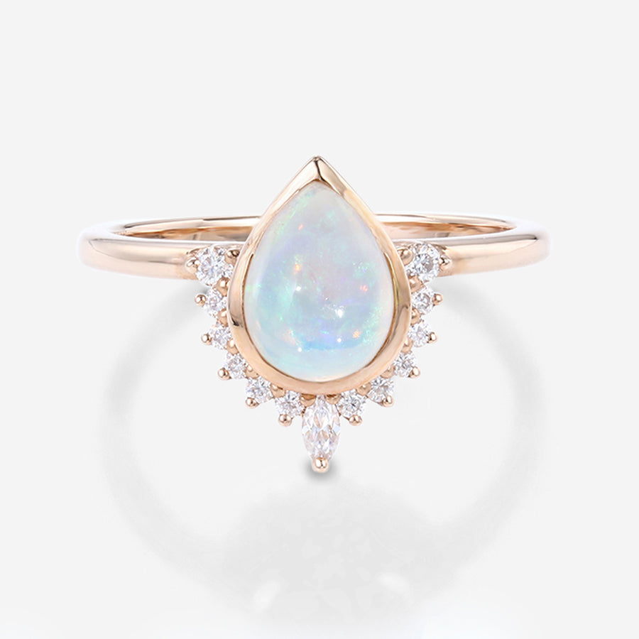 Bezel setting Pear cut Opal Halo Moissanite| Diamonds Gold Engagement Ring