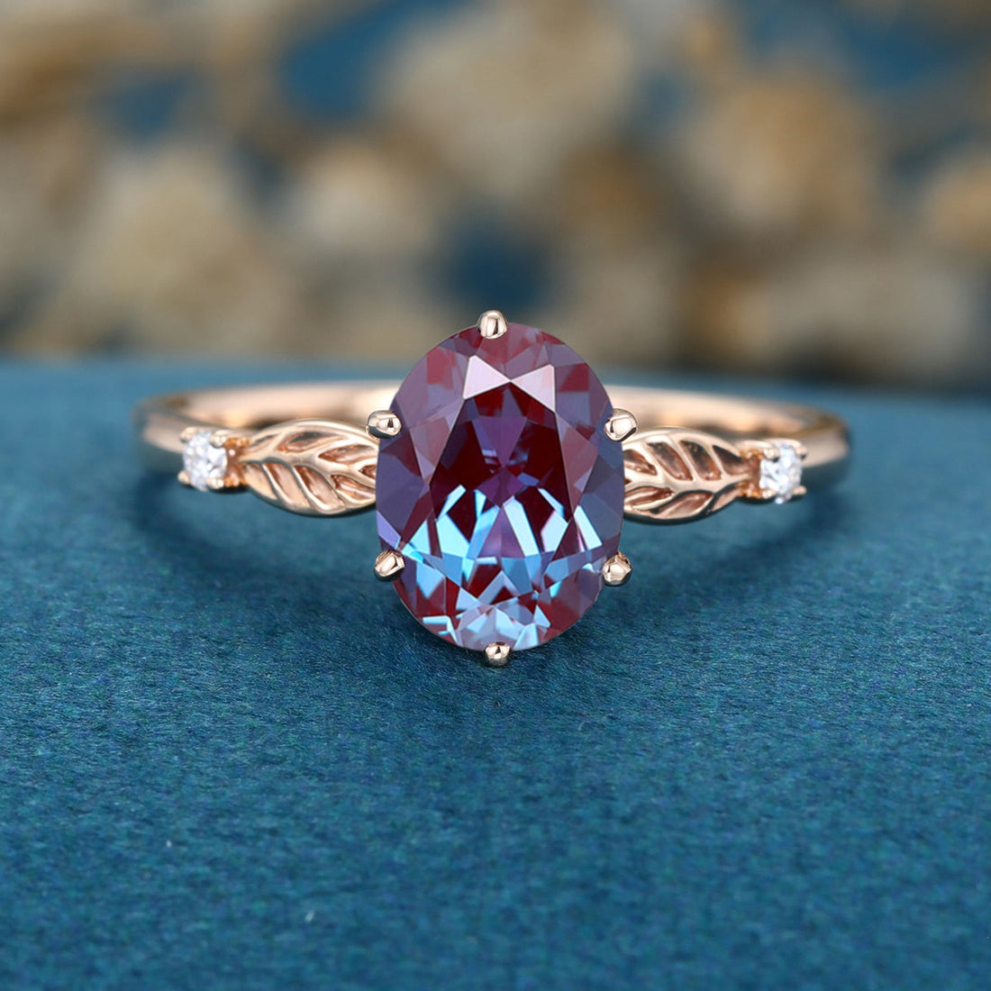 Oval cut Lab Alexandrite Solid Gold Engagement Ring