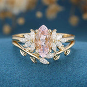 1.0 Carat Marquise cut Morganite + Moissanite Cluster Engagement Ring Bridal Set