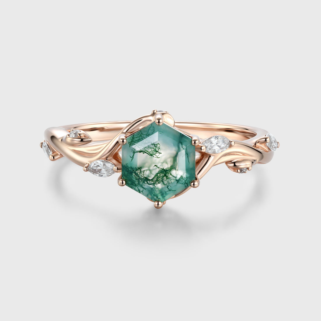 Inspired Hexagon Cut Natural Green Moss Agate  Engagement Ring