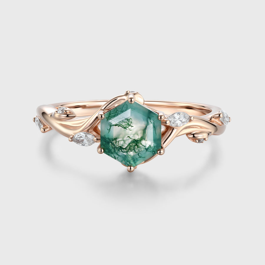 Inspired Hexagon Cut Natural Green Moss Agate  Engagement Ring