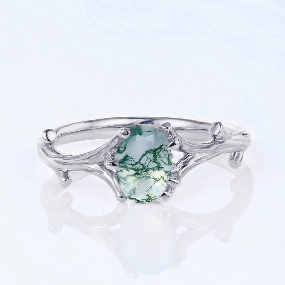 Nature Inspired Oval cut Moss Agate Leaf Engagement Ring