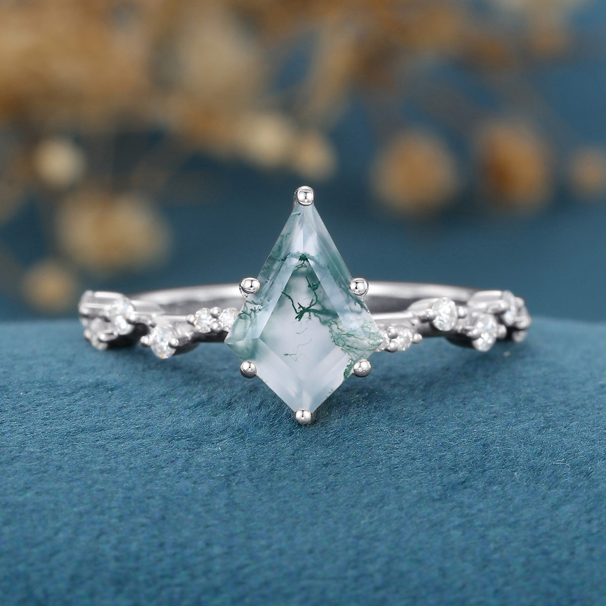 Kite Cut Natural Green Moss Agate Cluster Engagement Ring