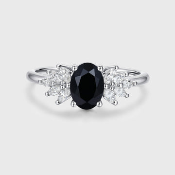 1.0Carat Oval cut Black Onyx Cluster Engagement ring